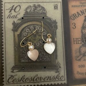 14k solid gold wire earrings with pearl and mother of pearl heart dangles